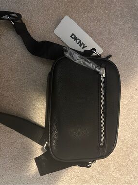 DKNY Black Pebbled Leather Belt Bag with Silver Zip